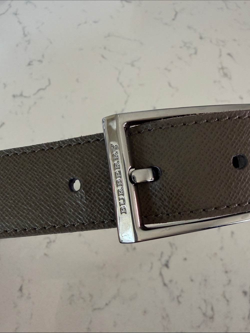 Burberry Men’s Olive and Dark Green Leather Belt with Silver Buckle